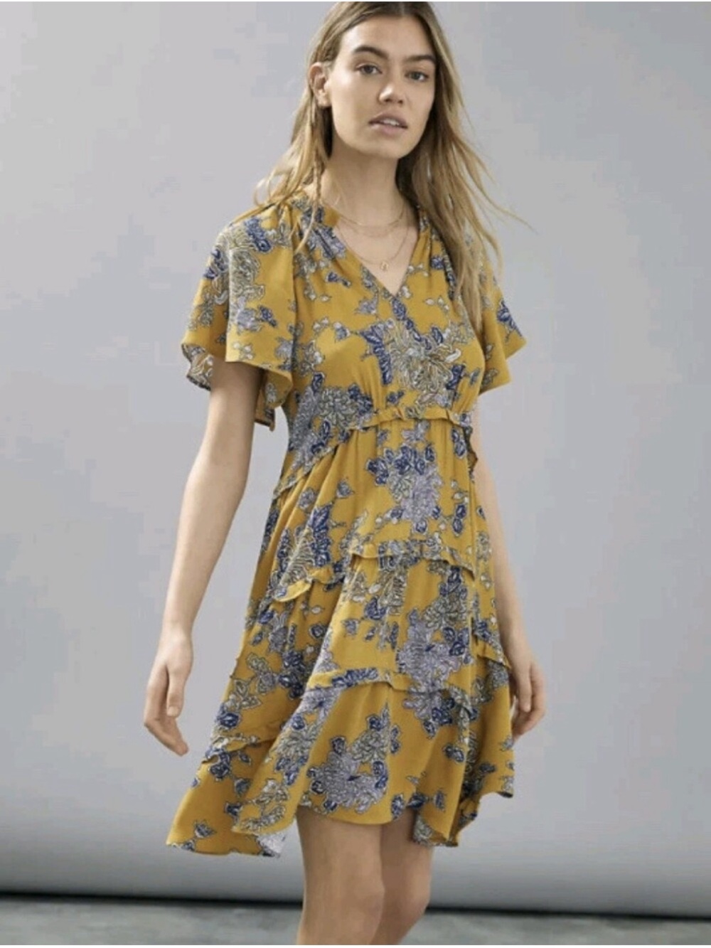 Anthropologie Robin Tiered Mini Dress Golden Yellow Small Ruffle Detail Sz Small